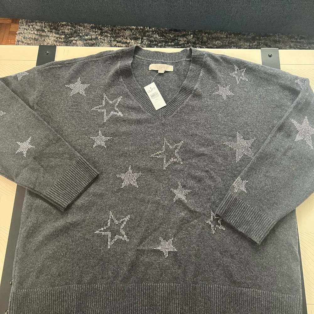LOFT Gray Star V-Neck Sweater